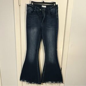 Petra Women's Flared Jeans Dark Blue Denim Fringe Hem Button Zipper